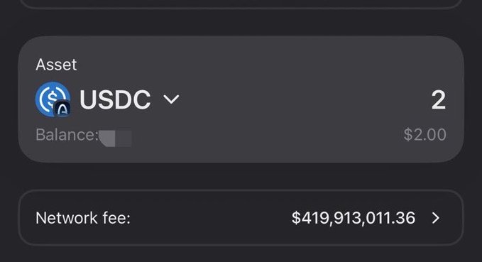 A screenshot of a cryptocurrency wallet showing a balance of 2 USDC ($2.00) and an absurd network fee of $419,913,011.36.