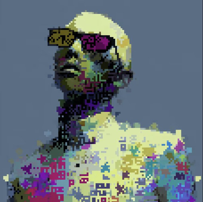 A heavily pixelated and color-distorted portrait of a person against a plain blue background.