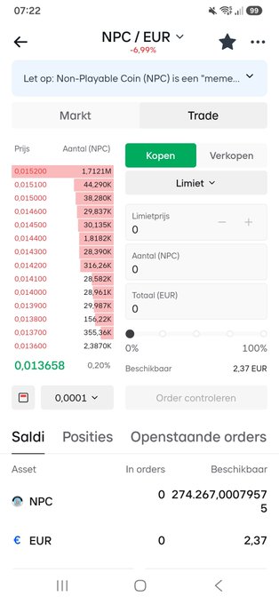 A cryptocurrency trading screen displays the NPC/EUR (Non-Playable Coin) market on a crypto exchange, showing a current price of 0.013658 EUR with a -0.99% change, alongside a depth chart of buy/sell orders and a portfolio holding of 274,267 NPC tokens. The interface, presented in Dutch with options like "Kopen" (Buy) and "Verkopen" (Sell), supports the post's bullish claim about $NPC going "parabolic" soon, as the asset's recent recovery is reflected in the visible price action and available trading balance of 2.37 EUR.