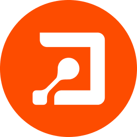 Orange circular icon featuring a white stylized figure connected to a device or laptop, suggesting a tech or connectivity app.