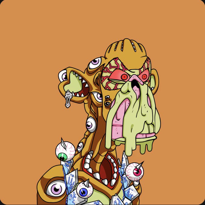 A grotesque cartoon illustration depicts a distorted, melting figure with multiple eyes and mouths, dripping green slime against a solid orange background.
