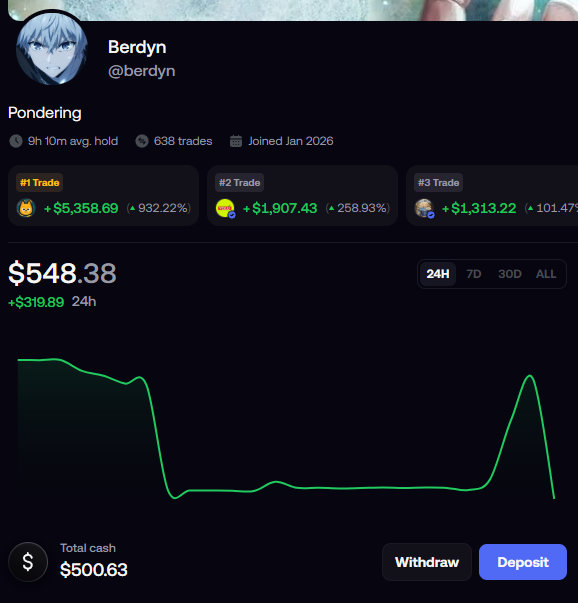 A dark-themed trading portfolio screen for user 'Berdyn' (@berdyn) shows a 9h 10m hold, 638 trades, total value of $548.38 (+$319.89 24h), three top trades (Bitcoin, another crypto, and a meme coin) with gains of 932.22%, 258.93%, and 101.47% respectively, a green line chart, total cash of $500.63, and Withdraw/Deposit buttons.