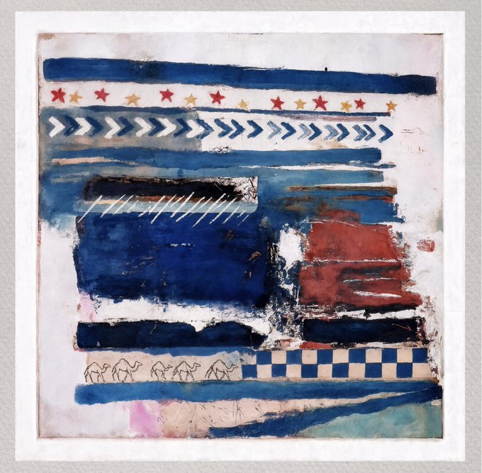 An abstract mixed-media painting featuring blue and red painted blocks, geometric patterns including chevrons and a checkerboard, and a row of stars across the top.