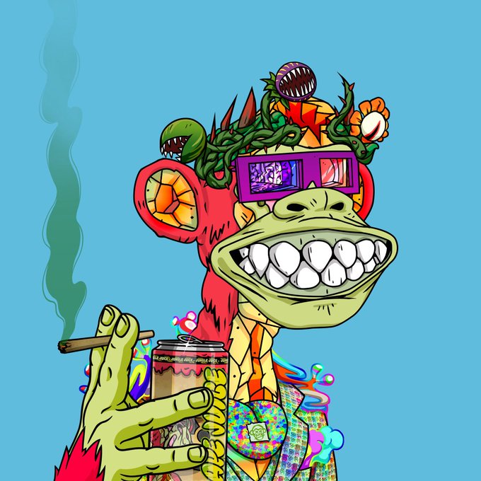 A vibrant illustration of a grotesque, surreal cartoon character with a wide toothy grin, multiple eyes, and tentacles on its head, holding a spray paint can labeled 'BECAUSE' and a cigar against a teal background.