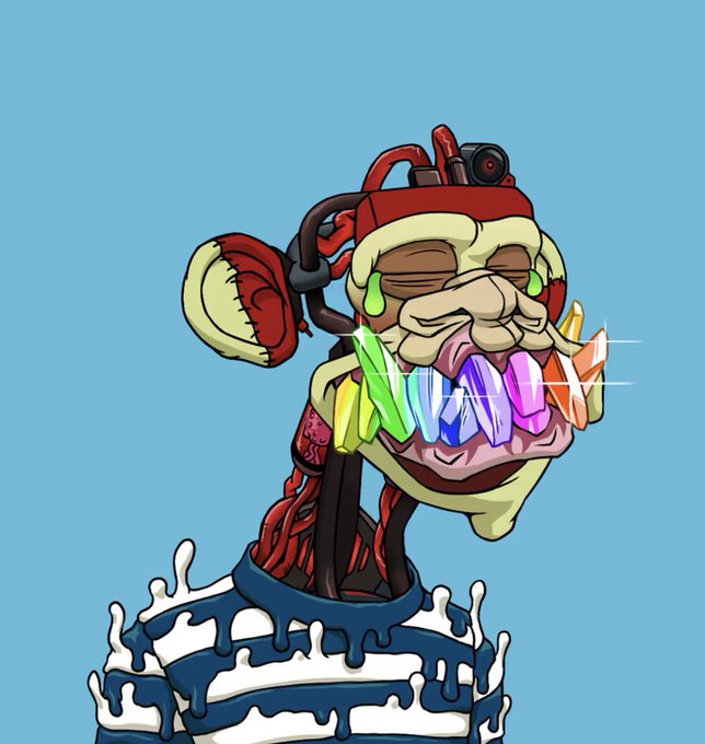 A cartoon illustration of a grotesque robotic head with exposed wires and rainbow-colored teeth, emerging from a striped container dripping blue liquid.