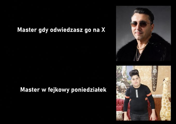 A two-panel meme showing a confident, well-dressed man labeled "Master gdy odwiedzasz go na X" (Master when you visit him on X) contrasted with a less polished, casual photo of the same man labeled "Master w fejkowy poniedziałek" (Master on fake Monday), humorously illustrating the difference between a trader's polished public persona on social media and their more disheveled reality on a "fake Monday" in the trading/crypto community.