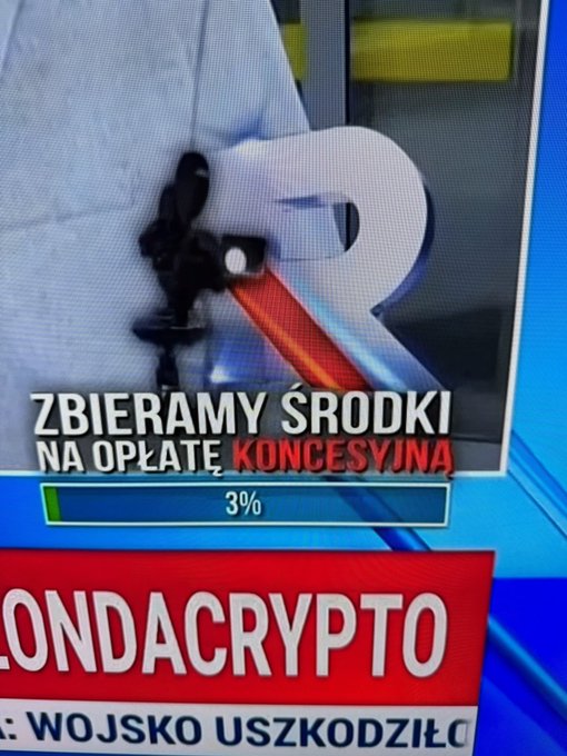 The image shows a Polish fundraising campaign screen with a progress bar at just 3%, displaying the text "ZBIERAMY ŚRODKI NA OPŁATĘ KONCESYJNĄ" (We are collecting funds for the license fee) alongside "BLONDACRYPTO" branding. A large robotic/mechanical "R" graphic dominates the background, while a news ticker at the bottom reads "WOJSKO USZKODZIŁO" (the military damaged). 

The 3% fundraising progress visually reinforces the post's message that "The Kryptomafia is no longer keeping them afloat," suggesting the crypto project's efforts to fund a regulatory license have stalled to near-zero support.