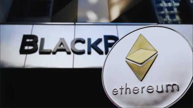 An image showing the BlackRock logo alongside an Ethereum physical coin/token with the text 'ethereum' visible.