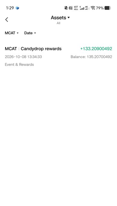 A mobile screenshot showing an 'Assets' page with an MCAT Candydrop rewards entry dated 2026-10-08, showing a balance of 135.20700492 MCAT tokens.