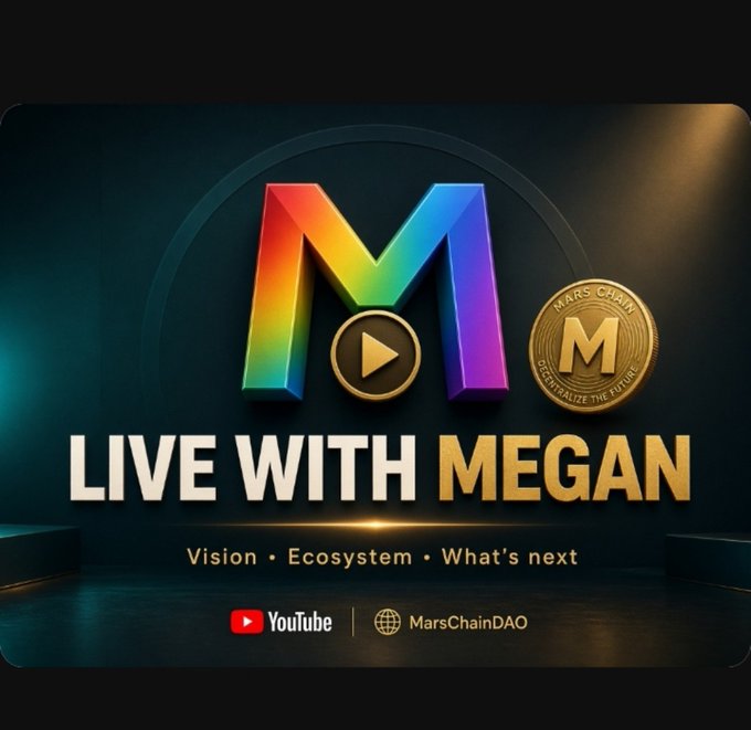 A promotional graphic for "LIVE WITH MEGAN" with subtitles "Vision • Ecosystem • What's next" featuring a rainbow gradient "M" logo and a Mars Chain gold coin, branding for YouTube and MarsChainDAO.