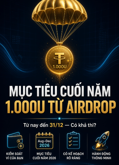 A promotional graphic featuring a golden coin parachuting down with the text 'MỤC TIÊU CUỐI NĂM 1.000U TỶ AIRDROP' and 'Aug-Dec 2026'.
