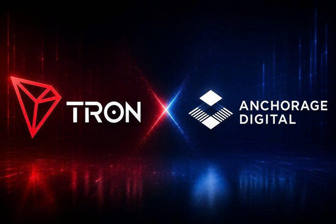 A promotional graphic featuring the TRON and Anchorage Digital logos against a dark, illuminated background with red and blue lighting effects.