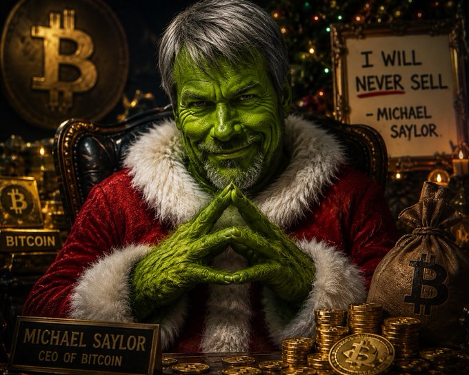 The image features a man dressed as Santa Claus with green googly eyes and a fake beard wearing a red coat sitting at a table surrounded by gold coins and other valuable items. The background includes Christmas decorations, such as a Christmas tree and stockings hanging from the ceiling. The caption reads "Never sell that's what he said, Then he sold Bitcoin bled." which suggests that the man dressed as Santa Claus is promoting Bitcoin in his role as the jester of Christmas.