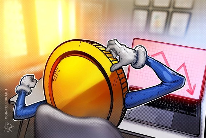A Cointelegraph cartoon illustration shows a golden coin character with arms slumped dejectedly in front of a laptop displaying a declining red stock chart.