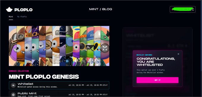 A screenshot from the "MINT / BLOG" page of the PLOPLO website, showing the "MINT PLOPLO GENESIS" collection with a "Whitelist" entry marked as "Mintlist-gated access during this window" from Jul 22 to Jul 23, 2025, alongside a pop-up reading "MINTLIST CONFIRMED: CONGRATULATIONS, YOU ARE WHITELISTED. This wallet can mint 1 Ploplo during the Whitelist window." The image celebrates the user's successful whitelist confirmation, matching their post about securing whitelist access for the Ploplo mint.
