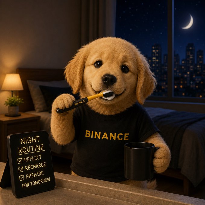 A fluffy dog wearing a black "BINANCE" t-shirt brushes its teeth with a Binance-branded toothbrush at night, holding a mug beside a checklist reading "NIGHT ROUTINE: REFLECT ✓ RECHARGE ✓ PREPARE ✓ FOR TOMORROW." The cozy, wind-down scene ties into the post's "Taking a paws from the market" theme, suggesting a trader stepping away to unwind before another day of trading.