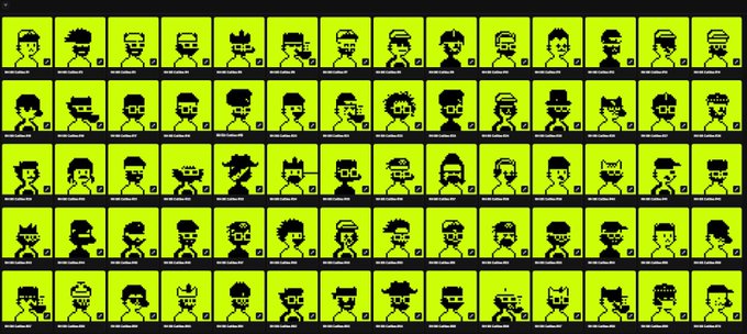 A pixel art collection features multiple small character portraits arranged in rows on bright yellow-green backgrounds.