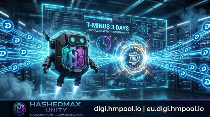 A promotional graphic for "HASHEDMAX UNITY" featuring a robot character and a countdown "T-MINUS 3 DAYS" for Digidollar activation, with URLs digi.hmpool.io and eu.digi.hmpool.io.