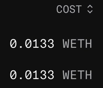 A black screen displaying cryptocurrency gas fees showing 'COST' with two transactions at '0.0133 WETH' each.