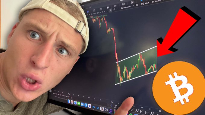The image features a man wearing a baseball cap, showing his hand holding a computer monitor displaying an interesting pattern of lines on the screen. The man seems intrigued by the visual representation of Bitcoin's fluctuations over time. A caption above this image suggests that the Bitcoin price has been falling sharply and rapidly, indicating that it is a dangerous situation for cryptocurrency enthusiasts to invest in.