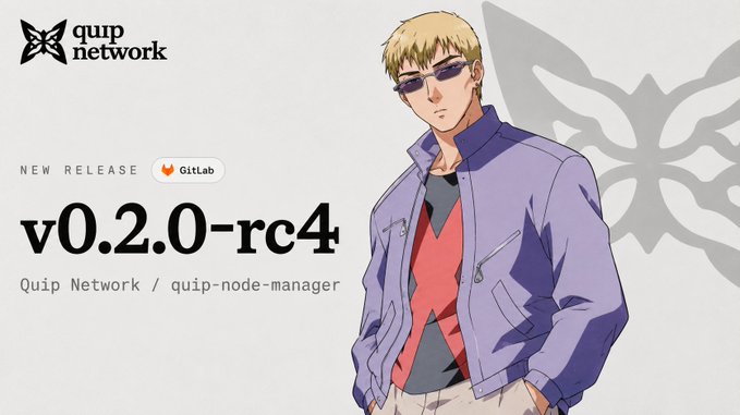 The image is of a person wearing sunglasses and a purple jacket who is posing for a picture. The poster behind him is written out with details about the new Node Manager update that Quip Network has released, including its improved setup and single-command interface as well as the added features such as an embedded dashboard for better visualization.