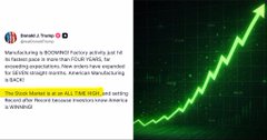 This image contrasts a tweet from Donald J. Trump celebrating the stock market hitting an "ALL TIME HIGH" with a sharp upward green trendline representing stock market growth, highlighting the disparity between traditional markets and the struggling Bitcoin mentioned in the post.