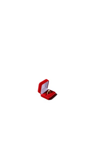 A simple 3D render or icon of an open red ring box with a gold ring inside on a plain white background.