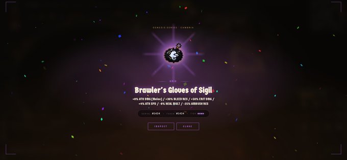 A video game item screen showing 'Brawler's Gloves of Sigil' with stats like +5% ATK DMG and +30% BLEED RES, marked as 'EPIC'.