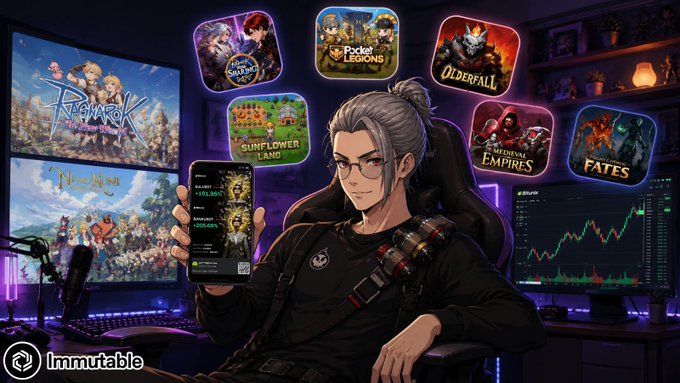 An anime-style character with glasses sits in a gaming chair holding a smartphone displaying an investment return, surrounded by game icons including 'Pocket Legions,' 'OldErfall,' 'Sunflower Land,' 'Divine Empires,' and 'Fates,' with the 'Immutable' logo in the bottom left.