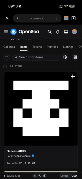 Mobile screenshot of the OpenSea NFT marketplace showing a pixelated white skull NFT titled 'Genesis #803' from 'Rare Friends Genesis' with a top offer of $1,450.01.