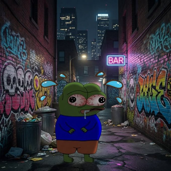 An animated crying Pepe frog stands in a graffiti-covered urban alleyway with a neon sign reading 'BAR' and city skyscrapers in the background.