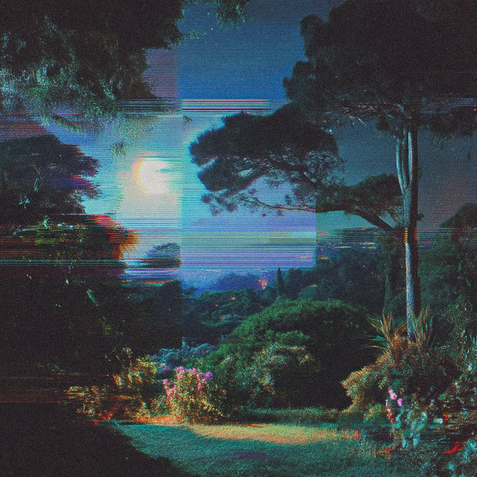 A surreal, glitch-art landscape painting of a moonlit garden scene with trees, flowers, and a distant city, overlaid with horizontal digital distortion lines.