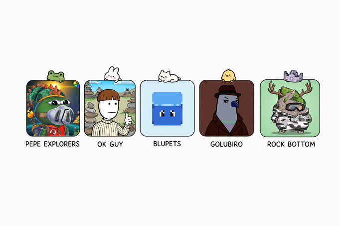 The image displays five square NFT collection icons with small creature characters peeking over the top of each: PEPE EXPLORERS, OK GUY, BLUPETS, GOLUBIRO, and ROCK BOTTOM, corresponding to the NFT communities mentioned in the post as new additions.