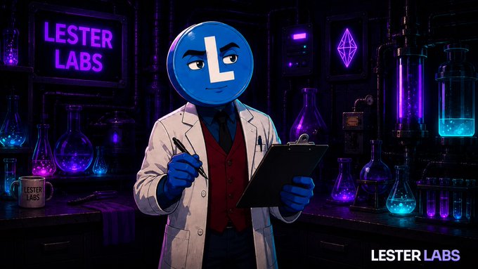 An illustrated mascot with a blue Litecoin 'Ł' coin head wearing a lab coat, holding a clipboard, in a neon-lit laboratory setting with the 'LESTER LABS' logo.