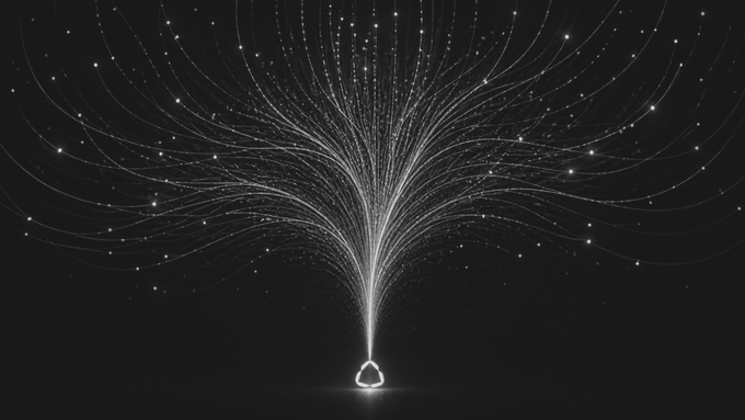 Abstract digital art of a luminous burst of white particles streaming upward from a glowing base against a black background.
