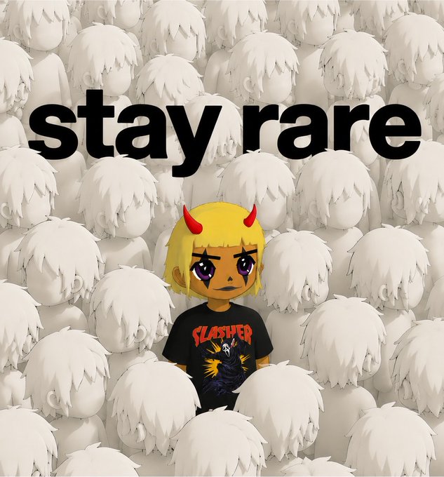 A stylized graphic with the text 'stay rare' over a repeating pattern of white-haired anime heads, featuring a central character with blonde hair, red horns, purple eyes, and a 'Slasher' t-shirt.