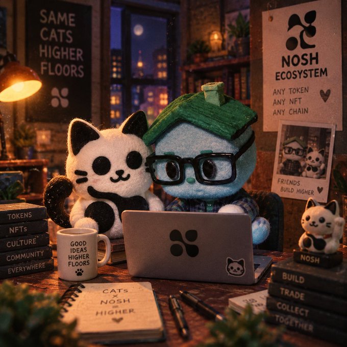 A whimsical, AI-generated scene featuring plush cat characters in a cozy study, with text reading 'SAME CATS HIGHER FLOORS,' 'NOSH ECOSYSTEM ANY TOKEN ANY NFT ANY CHAIN,' and 'CATS NOSH = HIGHER' visible throughout the room.