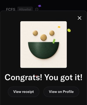A mobile app screen displays a congratulatory "Congrats! You got it!" message below an abstract green and beige digital artwork, with buttons to "View receipt" or "View on Profile," celebrating a successful free NFT mint from the FCFS Allowlist as referenced in the post.