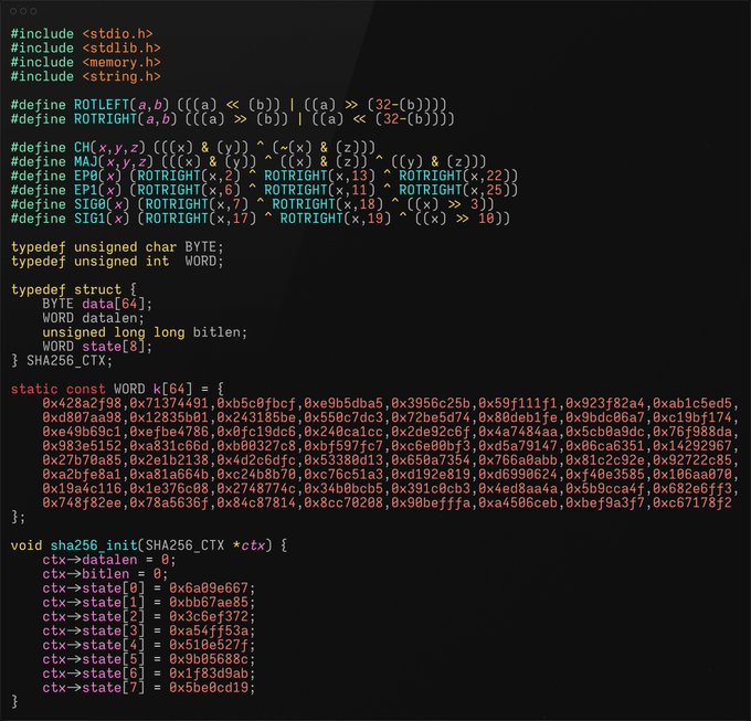 The image shows the first portion of a SHA-256 implementation in C, including header includes, macro definitions for `ROTRIGHT`, `CH`, `MAJ`, `EP0/EP1`, `SIG0/SIG1` bitwise operations, the `SHA256_CTX` struct, the 64-word round constant table `k[64]` containing hex values like `0x428a2f98` through `0xc67178f2`, and the `sha256_init` function that sets the initial state values `0x6a09e667` through `0x5be0cd19`. This code aligns with the post by illustrating how the SHA-256 algorithm — used in Bitcoin and TLS — is compactly implemented in standard C using bitwise rotations, `Ch`/`Maj` functions, round constants, and 32-bit arithmetic as the foundation for its 64-round compression.
