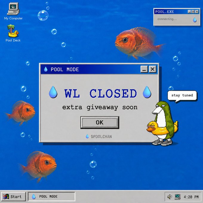 A retro Windows 95-style desktop with an underwater fish wallpaper displays a 'POOL MODE' dialog box stating 'WL CLOSED extra giveaway soon' with a cartoon character saying 'stay tuned'.