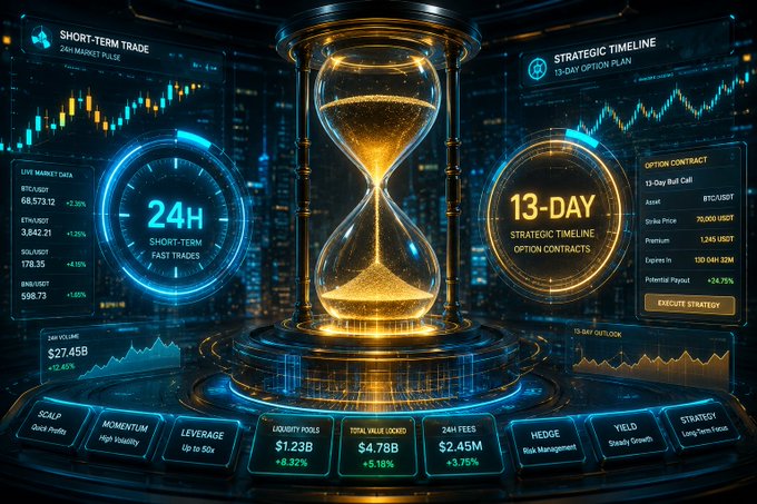 A crypto trading dashboard featuring an hourglass with golden sand at its center, surrounded by holographic data panels displaying 'SHORT-TERM TRADE 24H', 'STRATEGIC TIMELINE 13-DAY', 'OPTION CONTRACT 13-Day Bull Call' for BTC/USDT, and various metrics including 'LIQUIDITY POOL $1.23B +8.32%' and 'TOTAL VALUE LOCKED $4.78B +5.18%'.