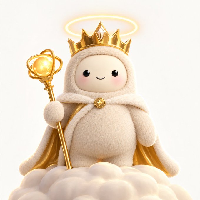 A cute plush toy character wearing a gold crown with a glowing halo, a cream cloak, and holding a gold scepter with a glowing orb, standing on a cloud.