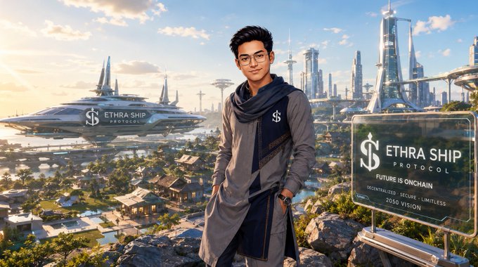 A man in a scarf stands in a futuristic cityscape with floating vehicles, beside a billboard reading 'ETHRA SHIP PROTOCOL - FUTURE IS ONCHAIN - DECENTRALIZED SECURE LIMITLESS - 2050 VISION.'