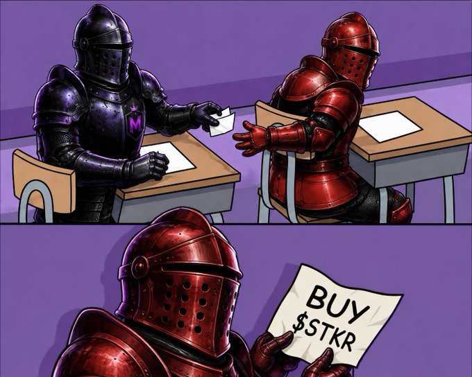 A comic-style illustration shows two knights in armor at school desks; the red knight hands a note to the black knight that reads 'BUY $STKR'.