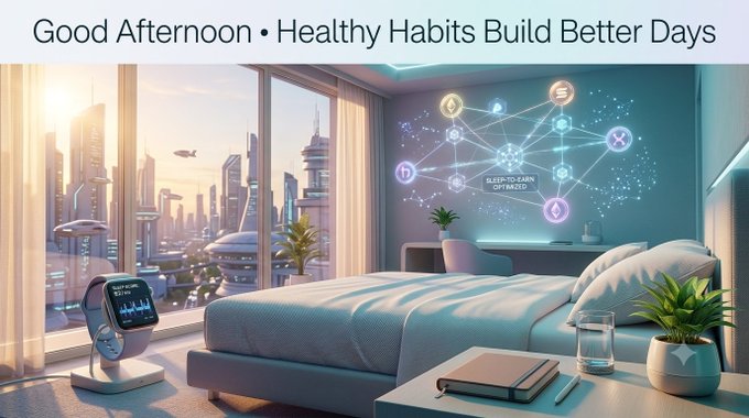 A futuristic bedroom illustration with the header 'Good Afternoon • Healthy Habits Build Better Days', featuring a city view, holographic icons, and a smartwatch displaying data.