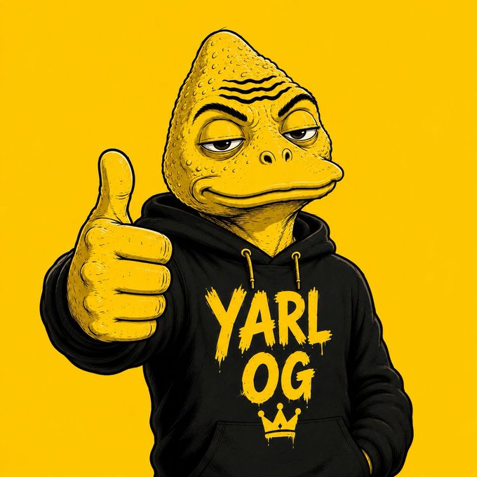 A cartoon yellow lizard-like character wearing a black hoodie gives a thumbs-up, with "YARL OG" text and a crown logo displayed on the chest—visually reinforcing the "called $YARL before the crowd" message by presenting the mascot as a confident early backer endorsing the token.