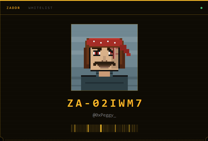 The image shows a stylized pixel-art avatar of a pirate-like character wearing a red bandana with white dots, displayed on a dark background as part of a "ZADDR WHITELIST" interface. Below the avatar is a Zcash shielded address "ZA-02IWM7" and the handle "@0xPeggy_", with a barcode-style element at the bottom. The image relates to the accompanying post by illustrating a Zcash shielded (z-address), which enables private, encrypted transactions that hide sender, receiver, and amount details—contrasting with the fully transparent nature of most public blockchains mentioned in the text.