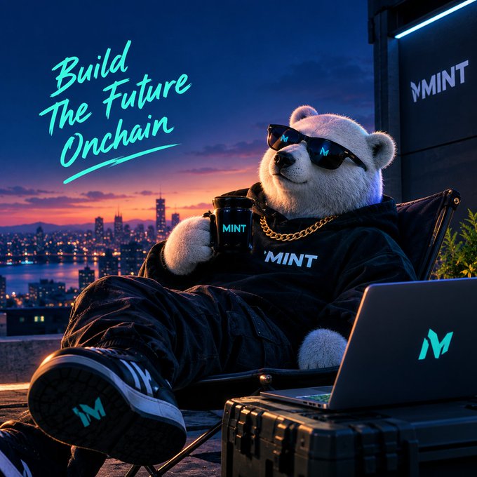 Promotional graphic featuring an anthropomorphic polar bear wearing sunglasses, a gold chain, and MINT-branded apparel, holding a MINT mug next to a laptop, with text reading 'Build The Future Onchain' against a sunset city skyline.