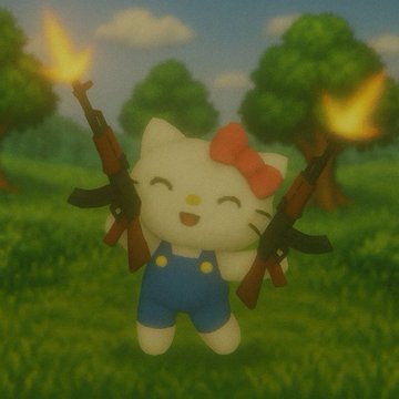 A Hello Kitty plush toy wearing blue overalls and a red bow, smiling with eyes closed while holding two flaming torches in a grassy field with trees in the background.