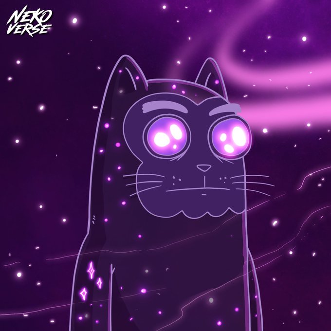 An illustration titled 'NEKO VERSE' featuring a dark cat-like character with glowing purple eyes against a purple cosmic background filled with stars.